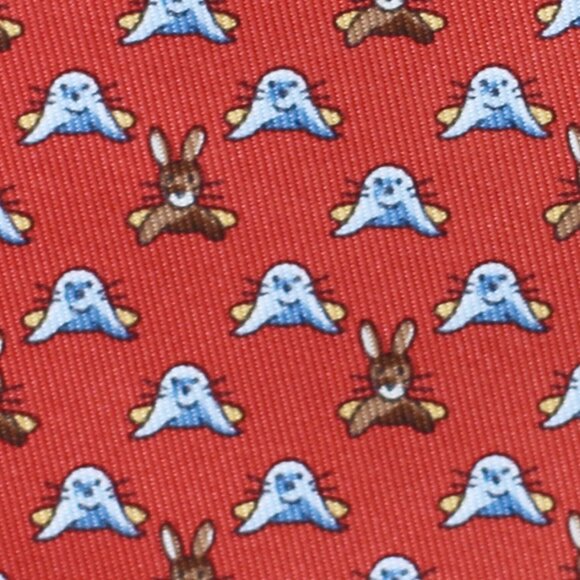 100% REAL HERMES TIE ~ RED w FUN BROWN BUNNY RABBITS & PLAYFUL BLUE SEALS XL - Picture 1 of 4